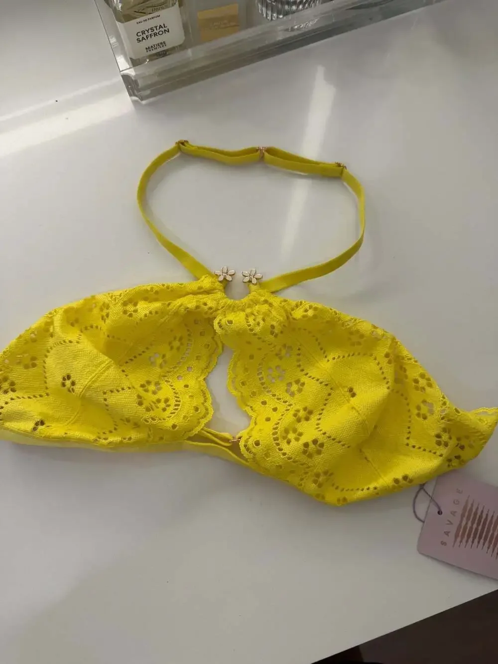 Savage X Fenty Bombshell Broderie Lace Halter Bralette Yellow Size M